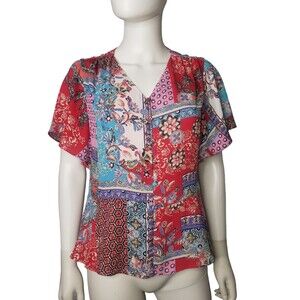 CHICOS Patchwork Short Sleeve Blouse Womens Size 0P Small